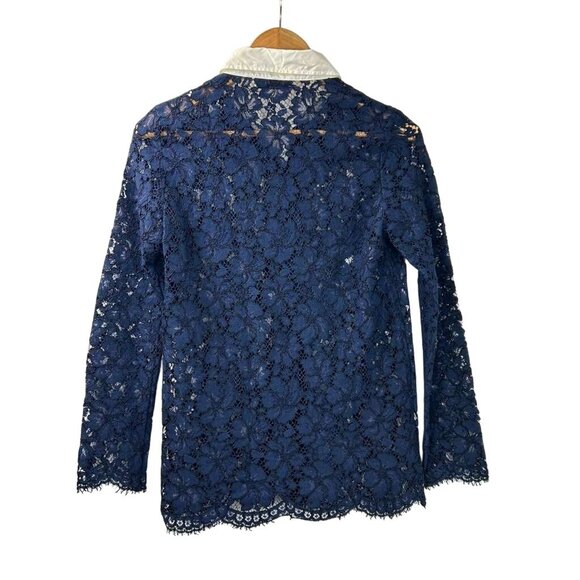 Sandro Paris Top Women's 1 Blue Lace Floral Long Sleeve Button Up Collar Sheer - Picture 2 of 16